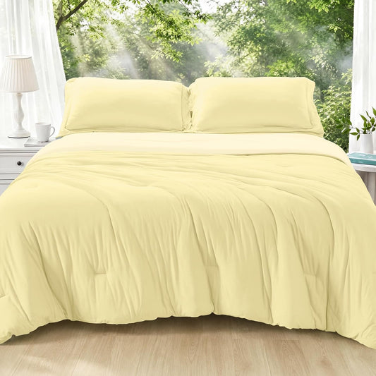 Cooling Comforter Set King Size, Lightweight Summer Comforter for Hot Sleeper, Reversible Bedding with Icy Cooling Surface, Includes 1 Comforter (104"x90") and 2 Shams (20"x 36"), Cream Yellow