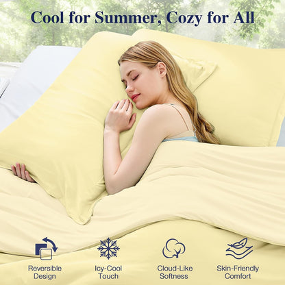 Cooling Comforter Set King Size, Lightweight Summer Comforter for Hot Sleeper, Reversible Bedding with Icy Cooling Surface, Includes 1 Comforter (104"x90") and 2 Shams (20"x 36"), Cream Yellow