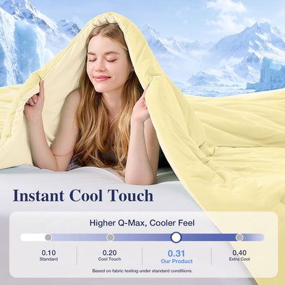 Cooling Comforter Set King Size, Lightweight Summer Comforter for Hot Sleeper, Reversible Bedding with Icy Cooling Surface, Includes 1 Comforter (104"x90") and 2 Shams (20"x 36"), Cream Yellow