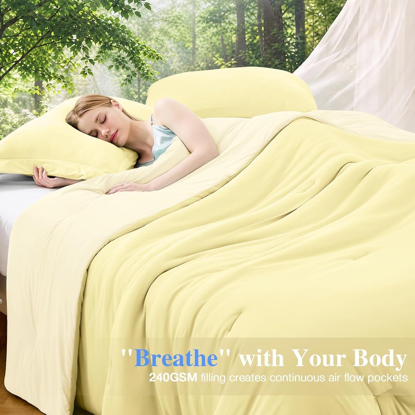 Cooling Comforter Set King Size, Lightweight Summer Comforter for Hot Sleeper, Reversible Bedding with Icy Cooling Surface, Includes 1 Comforter (104"x90") and 2 Shams (20"x 36"), Cream Yellow