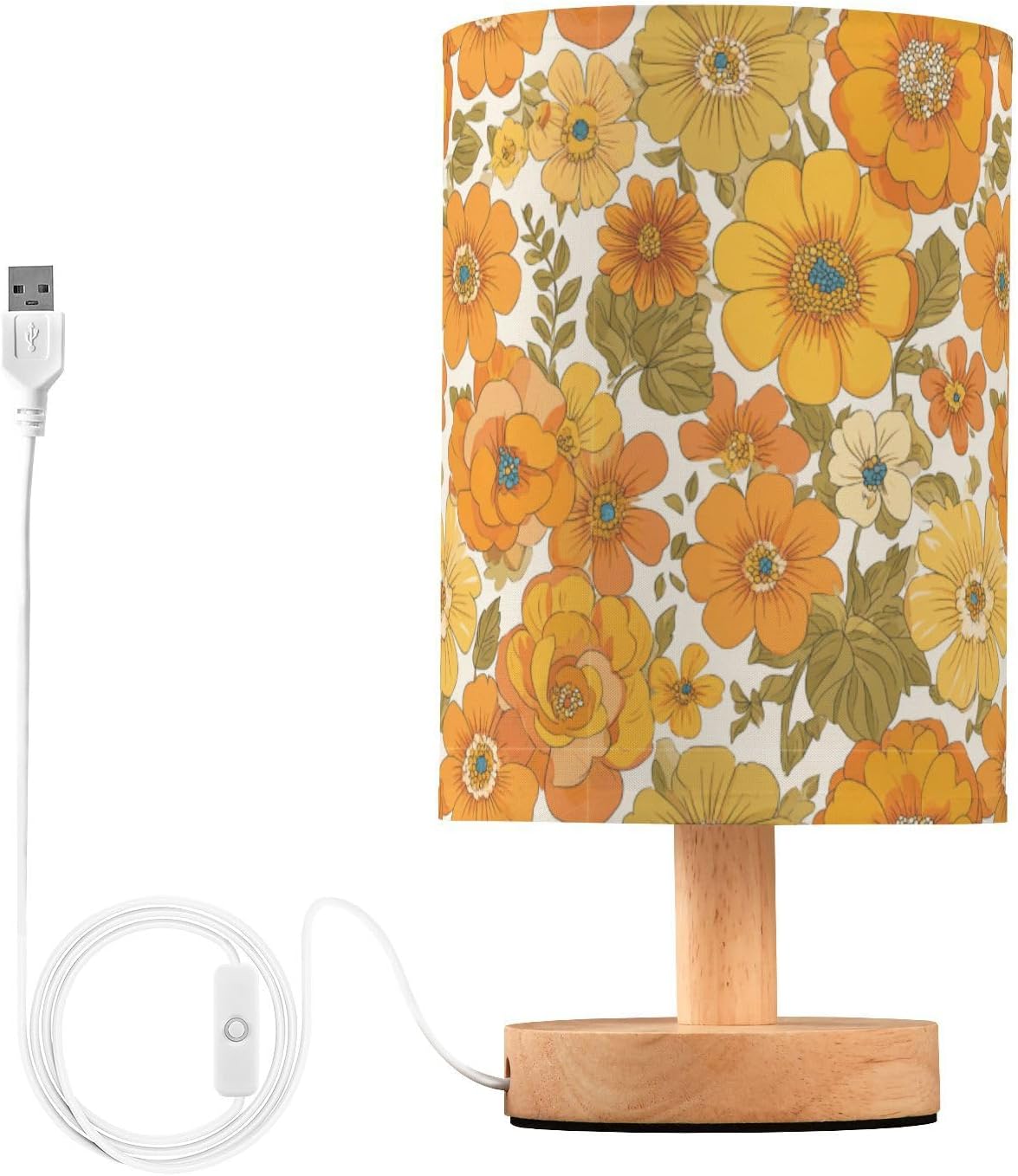 Bedside Table Lamp Retro Groovy Floral Yellow (1) Kids Nightstand Lamp Night Light Fabric Shade for Bedroom Living Room Home
