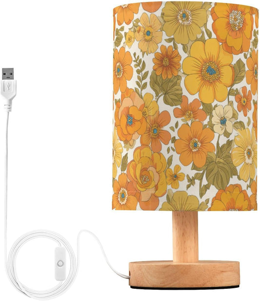 Bedside Table Lamp Retro Groovy Floral Yellow (1) Kids Nightstand Lamp Night Light Fabric Shade for Bedroom Living Room Home