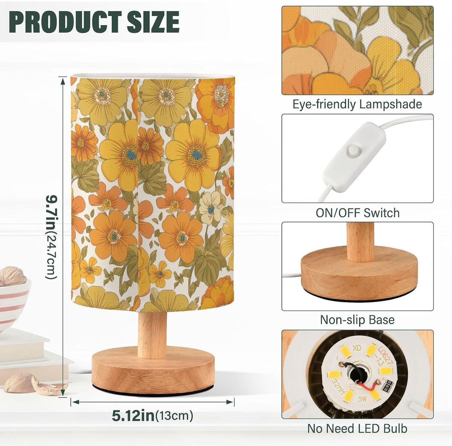 Bedside Table Lamp Retro Groovy Floral Yellow (1) Kids Nightstand Lamp Night Light Fabric Shade for Bedroom Living Room Home