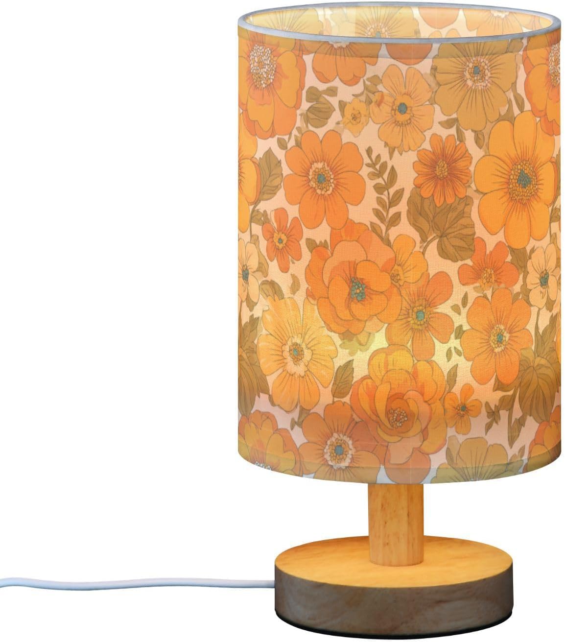 Bedside Table Lamp Retro Groovy Floral Yellow (1) Kids Nightstand Lamp Night Light Fabric Shade for Bedroom Living Room Home