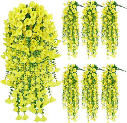 6 Pcs Artificial Hanging Flowers 30 Inch Bright Yellow Morning Glory Vines UV Resistant Fake Hanging Plants Silk Hanging Flowers for Outdoor Spring Summer Garden Porch Window Box Decor