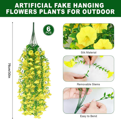 6 Pcs Artificial Hanging Flowers 30 Inch Bright Yellow Morning Glory Vines UV Resistant Fake Hanging Plants Silk Hanging Flowers for Outdoor Spring Summer Garden Porch Window Box Decor