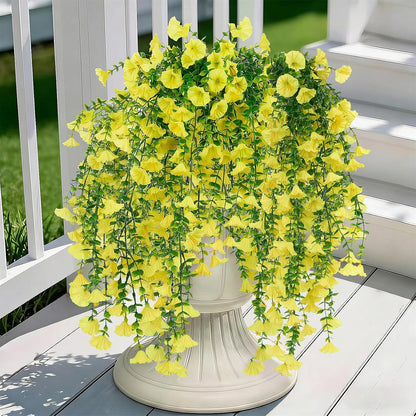 6 Pcs Artificial Hanging Flowers 30 Inch Bright Yellow Morning Glory Vines UV Resistant Fake Hanging Plants Silk Hanging Flowers for Outdoor Spring Summer Garden Porch Window Box Decor