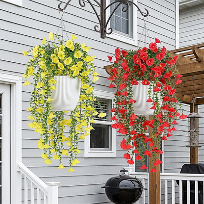 6 Pcs Artificial Hanging Flowers 30 Inch Bright Yellow Morning Glory Vines UV Resistant Fake Hanging Plants Silk Hanging Flowers for Outdoor Spring Summer Garden Porch Window Box Decor