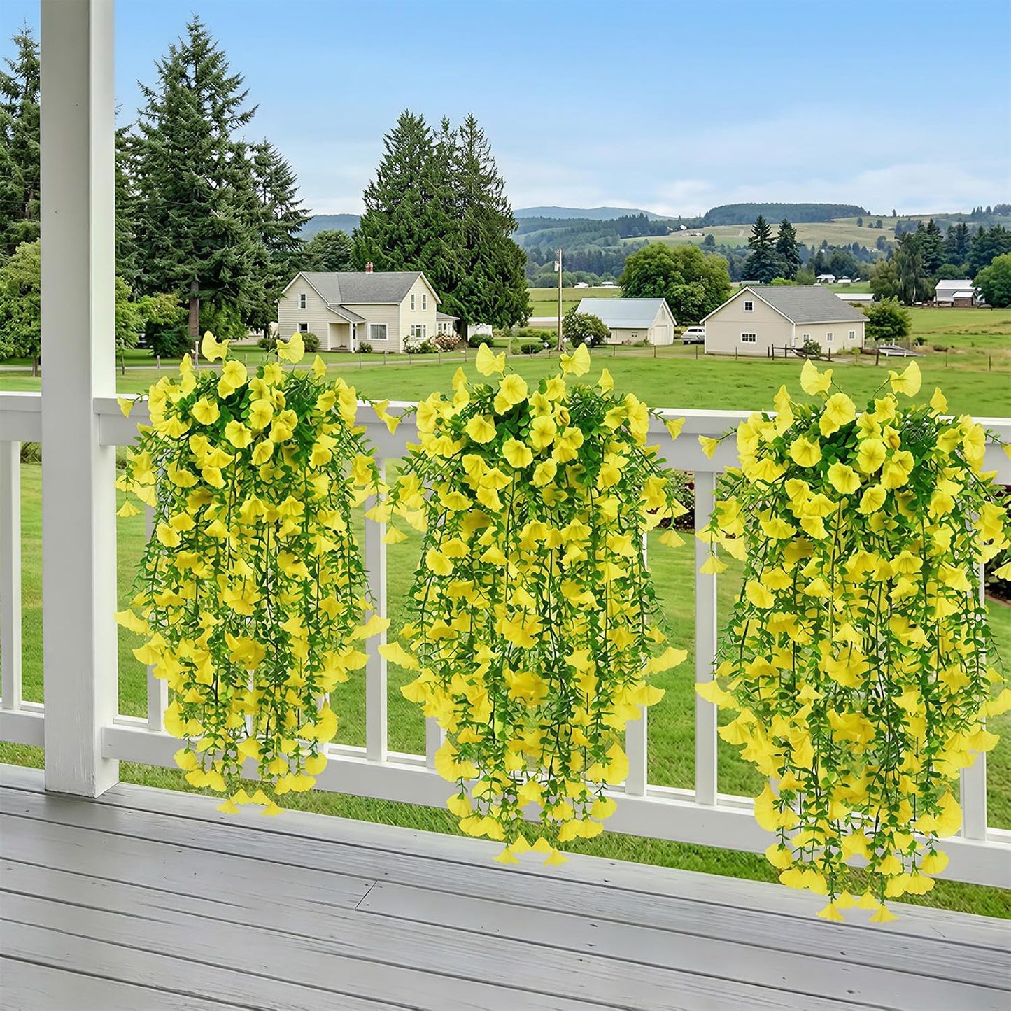 6 Pcs Artificial Hanging Flowers 30 Inch Bright Yellow Morning Glory Vines UV Resistant Fake Hanging Plants Silk Hanging Flowers for Outdoor Spring Summer Garden Porch Window Box Decor
