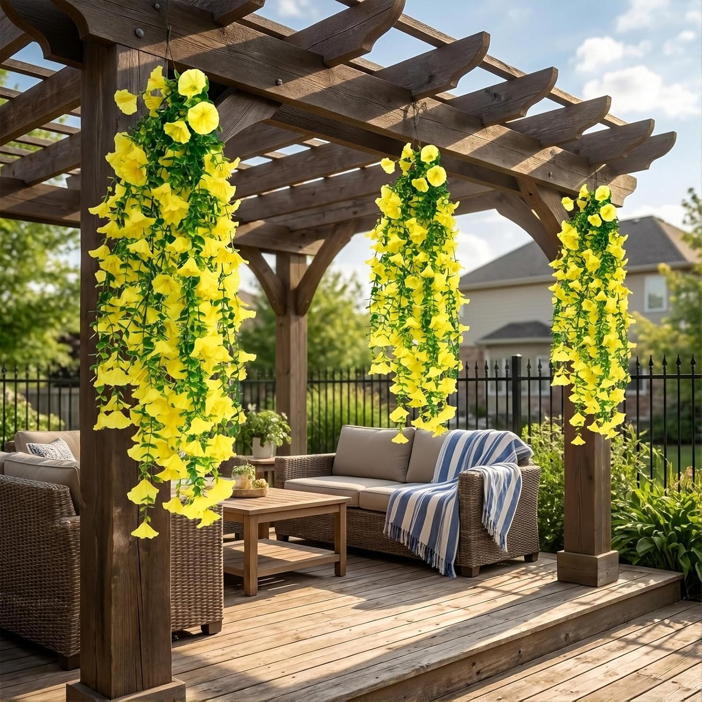 6 Pcs Artificial Hanging Flowers 30 Inch Bright Yellow Morning Glory Vines UV Resistant Fake Hanging Plants Silk Hanging Flowers for Outdoor Spring Summer Garden Porch Window Box Decor