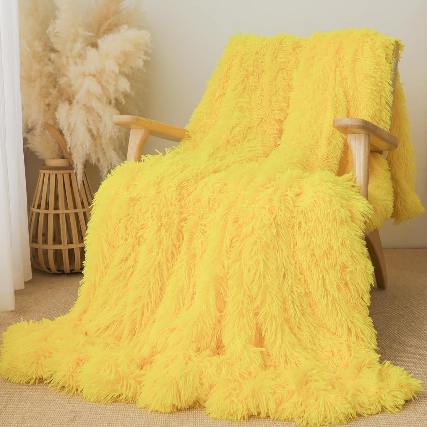 Extra Soft Faux Fur Throw Blanket 50"x60" - Reversible Fluffy Shaggy Double Layer Plush for Couch Sofa Bed, Solid Fuzzy Long Hair Microfiber Comfy Decorative Cozy, Yellow