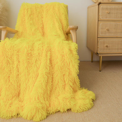 Extra Soft Faux Fur Throw Blanket 50"x60" - Reversible Fluffy Shaggy Double Layer Plush for Couch Sofa Bed, Solid Fuzzy Long Hair Microfiber Comfy Decorative Cozy, Yellow