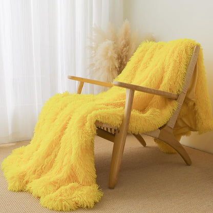 Extra Soft Faux Fur Throw Blanket 50"x60" - Reversible Fluffy Shaggy Double Layer Plush for Couch Sofa Bed, Solid Fuzzy Long Hair Microfiber Comfy Decorative Cozy, Yellow