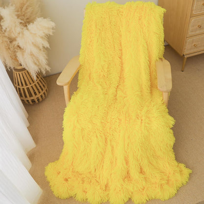 Extra Soft Faux Fur Throw Blanket 50"x60" - Reversible Fluffy Shaggy Double Layer Plush for Couch Sofa Bed, Solid Fuzzy Long Hair Microfiber Comfy Decorative Cozy, Yellow