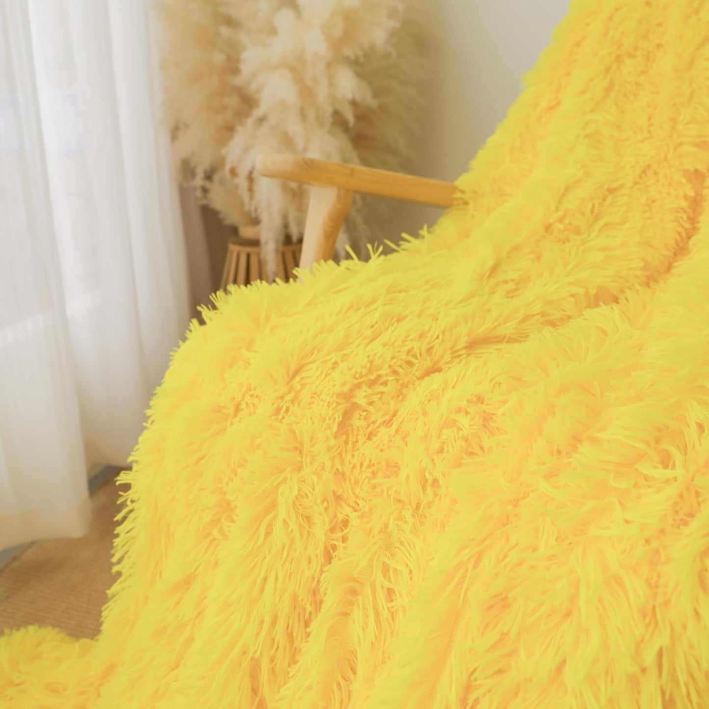 Extra Soft Faux Fur Throw Blanket 50"x60" - Reversible Fluffy Shaggy Double Layer Plush for Couch Sofa Bed, Solid Fuzzy Long Hair Microfiber Comfy Decorative Cozy, Yellow