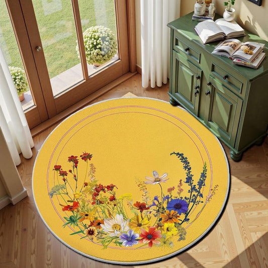 Yellow Floral Round Area Rug 4ft, Vintage Spring Flower Circle Rug, Cottage Leaves Flowers Floor Mat Rugs, Washable Soft Non-Slip Low Pile Carpet for Bedroom Living Room Entryway