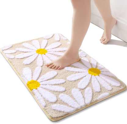Beige Bathroom Rugs Cute Daisy Bath Mat White and Yellow Flower Decor Rug Non Slip Floor Carpet Microfiber Bathmat Super Absorbent Machine Washable Bathtub Mats for Shower (16x24 inch)