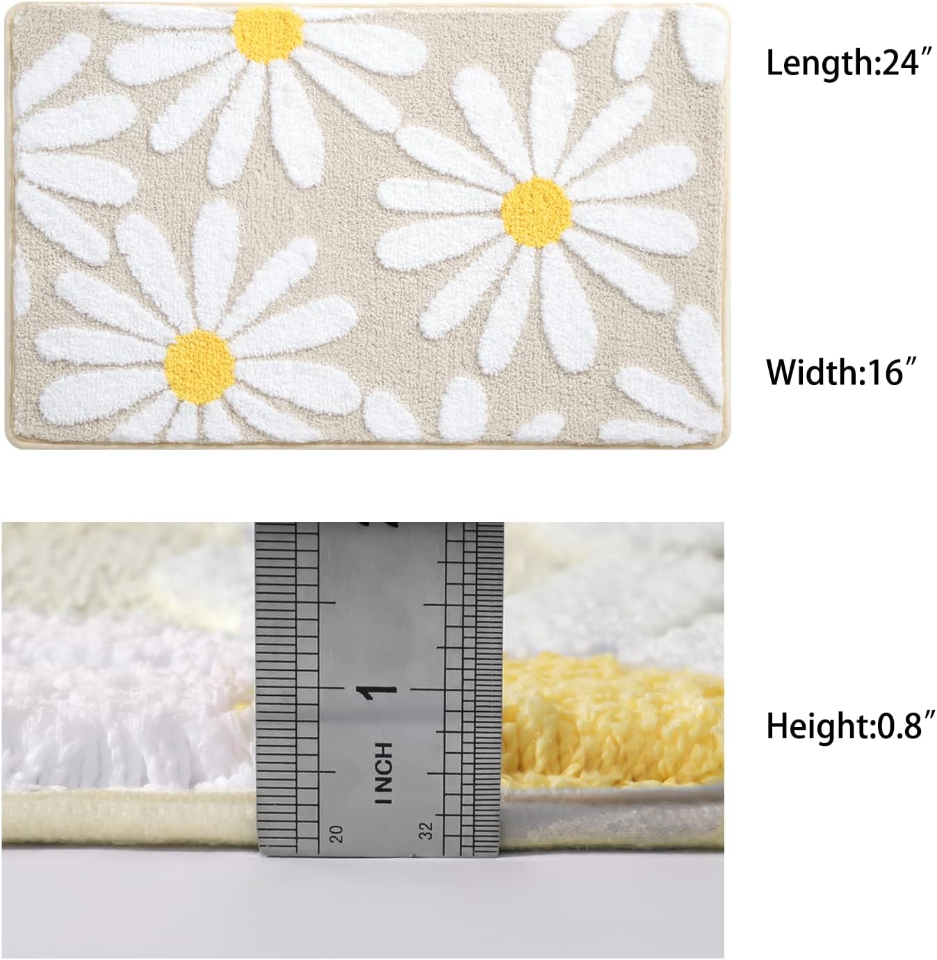 Beige Bathroom Rugs Cute Daisy Bath Mat White and Yellow Flower Decor Rug Non Slip Floor Carpet Microfiber Bathmat Super Absorbent Machine Washable Bathtub Mats for Shower (16x24 inch)