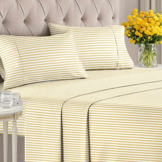 Yellow Pencil Striped Sheets – 1 Flat & 1 Fitted Sheet & 2 Pillowcases w/ Deep Pockets – Cozy, Wrinkle Resistant - Ultra-Soft, Comfy, Breathable & Cooling – Luxury Pinstripe Bedding - Cal King Size