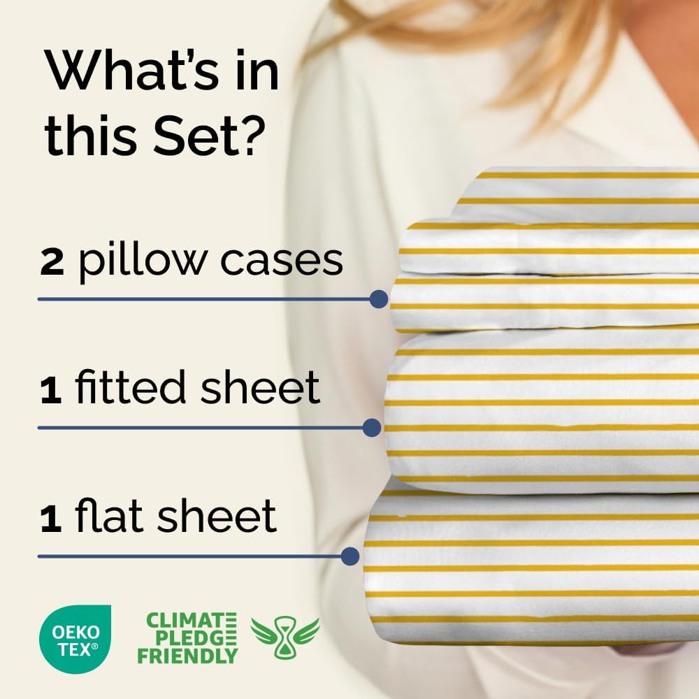 Yellow Pencil Striped Sheets – 1 Flat & 1 Fitted Sheet & 2 Pillowcases w/ Deep Pockets – Cozy, Wrinkle Resistant - Ultra-Soft, Comfy, Breathable & Cooling – Luxury Pinstripe Bedding - Cal King Size