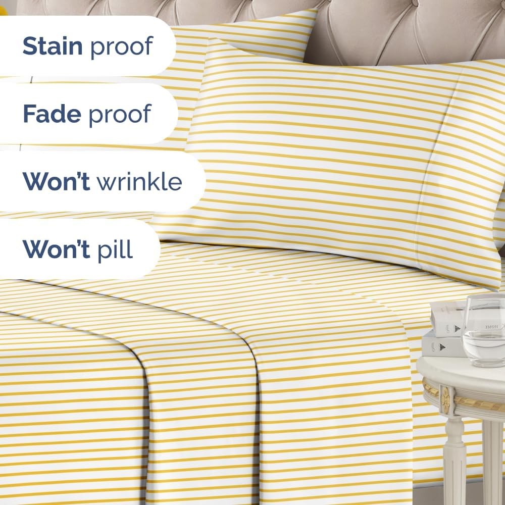Yellow Pencil Striped Sheets – 1 Flat & 1 Fitted Sheet & 2 Pillowcases w/ Deep Pockets – Cozy, Wrinkle Resistant - Ultra-Soft, Comfy, Breathable & Cooling – Luxury Pinstripe Bedding - Cal King Size