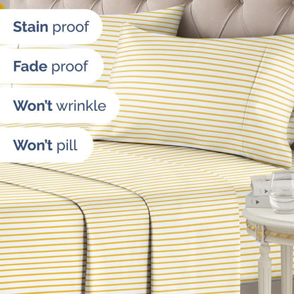 Yellow Pencil Striped Sheets – 1 Flat & 1 Fitted Sheet & 2 Pillowcases w/ Deep Pockets – Cozy, Wrinkle Resistant - Ultra-Soft, Comfy, Breathable & Cooling – Luxury Pinstripe Bedding - Cal King Size