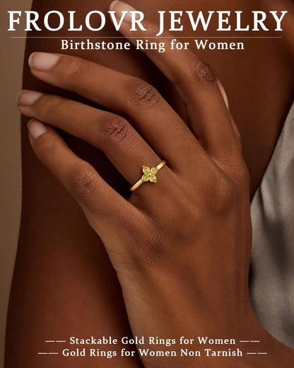 Birthstone Gold Rings for Women Non Tarnish 14K Gold Plated Clover Stackable Rings Blue Purple Pink Green Emerald Ring Gemstone CZ Promise Engagement Ring for Jewelry Gift Birthday Size 6-10