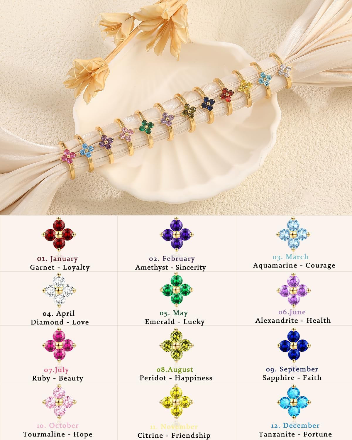 Birthstone Gold Rings for Women Non Tarnish 14K Gold Plated Clover Stackable Rings Blue Purple Pink Green Emerald Ring Gemstone CZ Promise Engagement Ring for Jewelry Gift Birthday Size 6-10