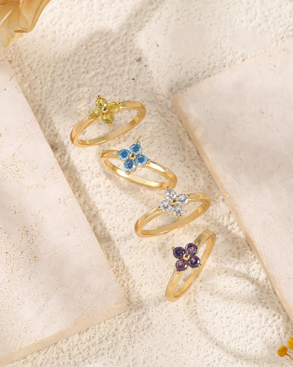 Birthstone Gold Rings for Women Non Tarnish 14K Gold Plated Clover Stackable Rings Blue Purple Pink Green Emerald Ring Gemstone CZ Promise Engagement Ring for Jewelry Gift Birthday Size 6-10