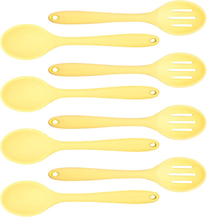 8 Pcs Heat Resistant Non Stick Silicone Serving Spoons Set -Ideal for Cooking, Baking, Mixing, Stirring Includes Slotted & Solid Spoons, Design for Nonstick Cookware (Yellow)