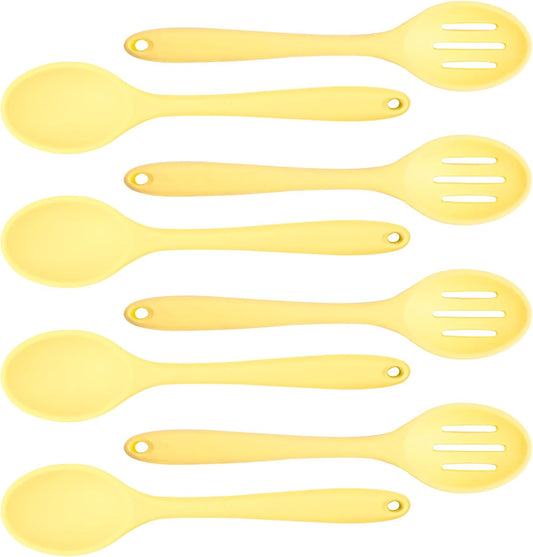 8 Pcs Heat Resistant Non Stick Silicone Serving Spoons Set -Ideal for Cooking, Baking, Mixing, Stirring Includes Slotted & Solid Spoons, Design for Nonstick Cookware (Yellow)