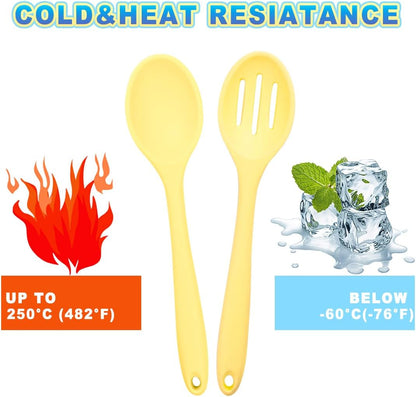 8 Pcs Heat Resistant Non Stick Silicone Serving Spoons Set -Ideal for Cooking, Baking, Mixing, Stirring Includes Slotted & Solid Spoons, Design for Nonstick Cookware (Yellow)