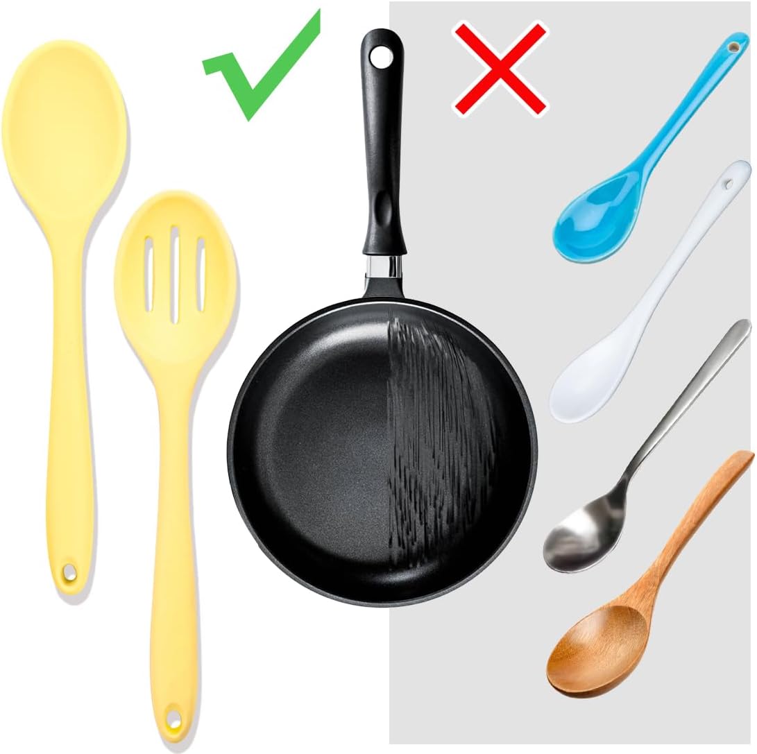 8 Pcs Heat Resistant Non Stick Silicone Serving Spoons Set -Ideal for Cooking, Baking, Mixing, Stirring Includes Slotted & Solid Spoons, Design for Nonstick Cookware (Yellow)
