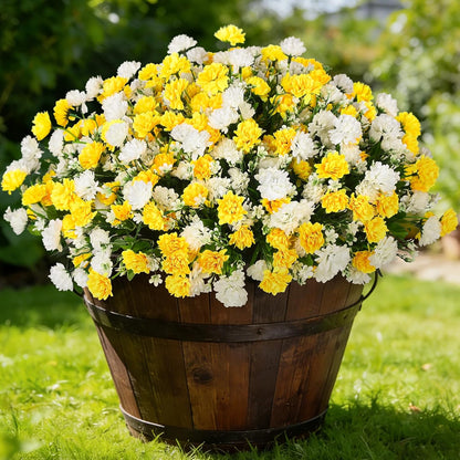 Artificial Marigold Flowers for Outdoors Decoration | 6 Bundles Silk Marigold Flower UV Resistant Look Real Faux Plants for Garden Porch Balcony Yard Home Decor (Yellow White)