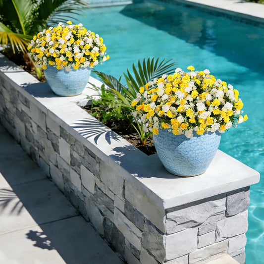 Artificial Marigold Flowers for Outdoors Decoration | 6 Bundles Silk Marigold Flower UV Resistant Look Real Faux Plants for Garden Porch Balcony Yard Home Decor (Yellow White)