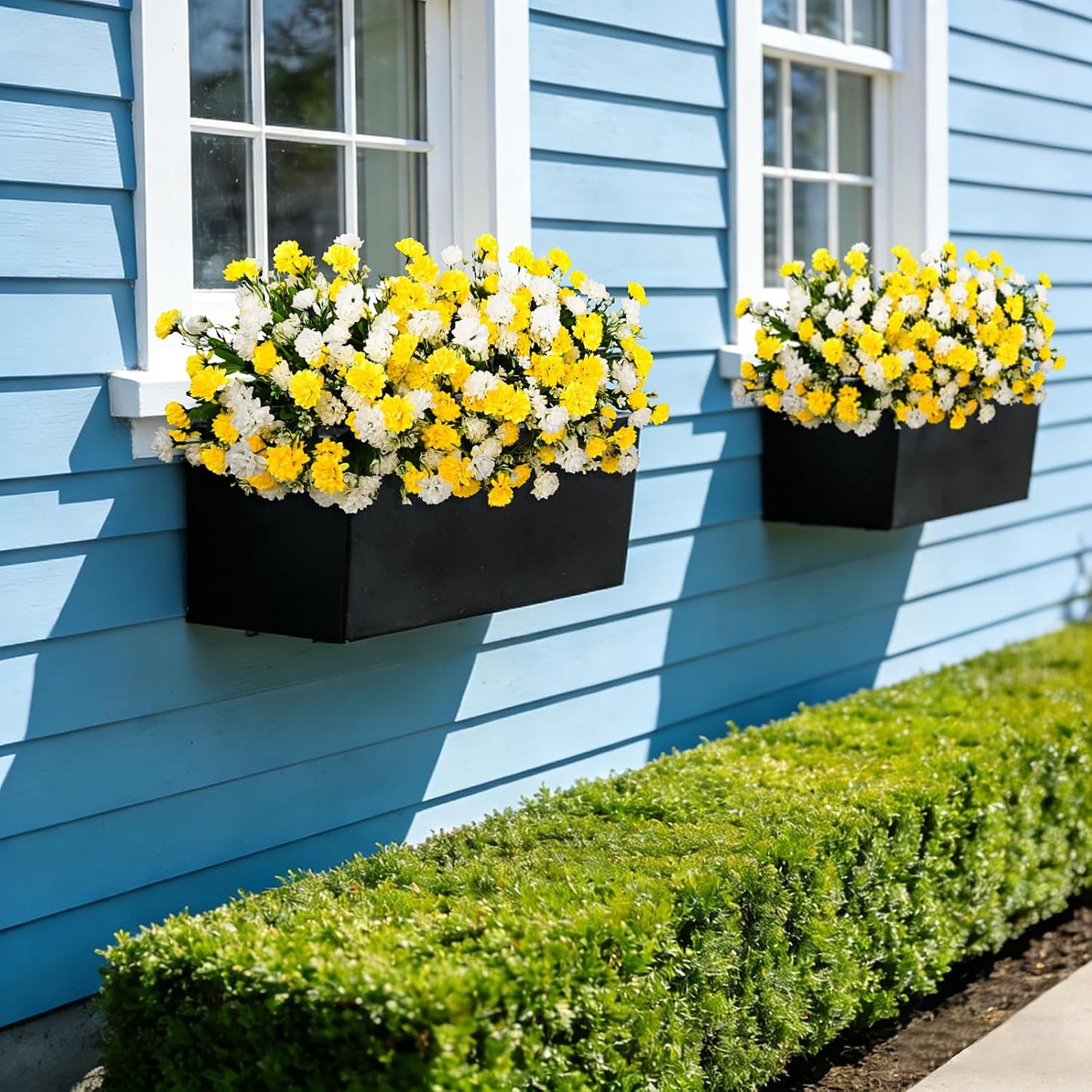 Artificial Marigold Flowers for Outdoors Decoration | 6 Bundles Silk Marigold Flower UV Resistant Look Real Faux Plants for Garden Porch Balcony Yard Home Decor (Yellow White)