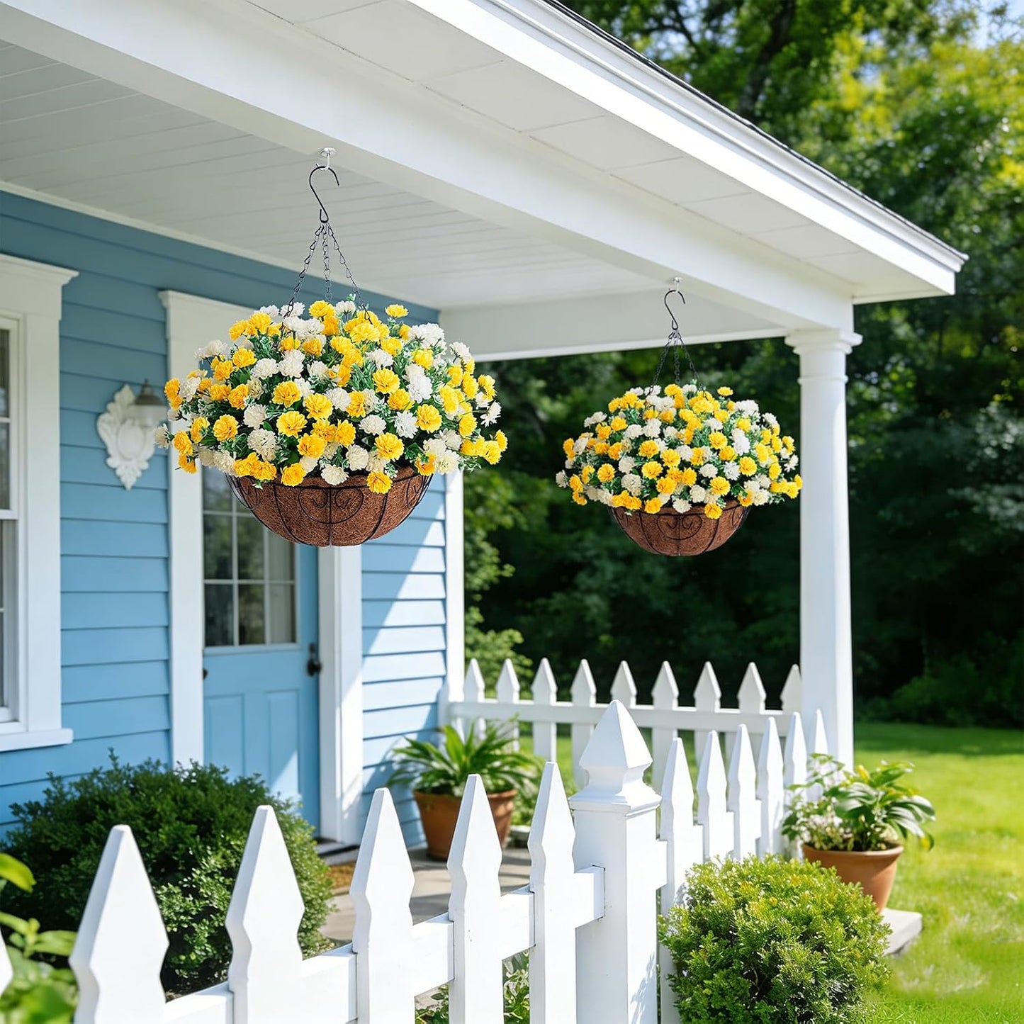 Artificial Marigold Flowers for Outdoors Decoration | 6 Bundles Silk Marigold Flower UV Resistant Look Real Faux Plants for Garden Porch Balcony Yard Home Decor (Yellow White)