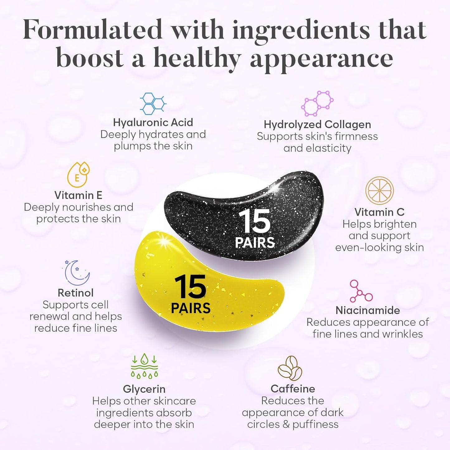 Daytime Under Eye Patches for Puffy Eyes and Dark Circles, Gel Eye Masks with Caffeine, Collagen & Vitamin C, Deeply Moisturizing, Bachelorette Party Favors, Anti Wrinkle Patches (30 Pairs)