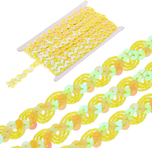 11 Yard Sequins Beaded Lace Trim 0.6 Inch Wave Sequin Braid Trim Strip Paillette Sequins Ribbon Trim for Crafts, Embellishments, DIY Sewing Costume Yellow