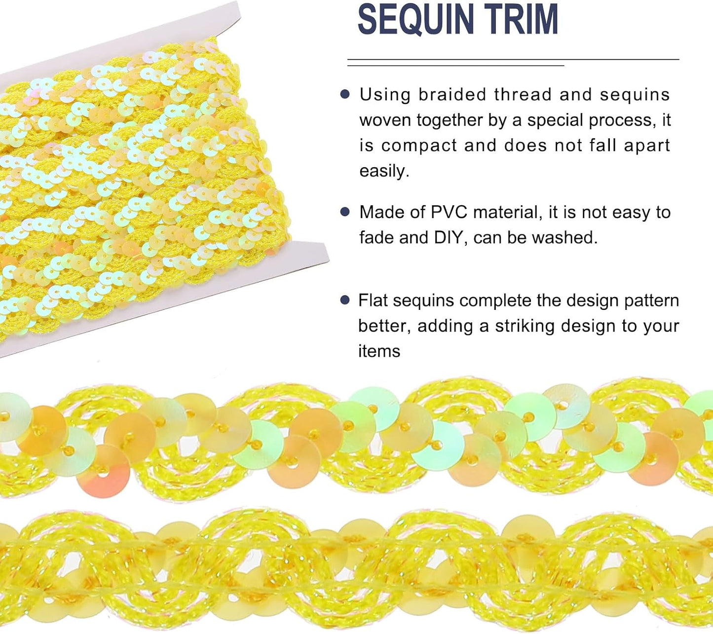 11 Yard Sequins Beaded Lace Trim 0.6 Inch Wave Sequin Braid Trim Strip Paillette Sequins Ribbon Trim for Crafts, Embellishments, DIY Sewing Costume Yellow