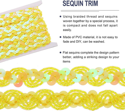 11 Yard Sequins Beaded Lace Trim 0.6 Inch Wave Sequin Braid Trim Strip Paillette Sequins Ribbon Trim for Crafts, Embellishments, DIY Sewing Costume Yellow
