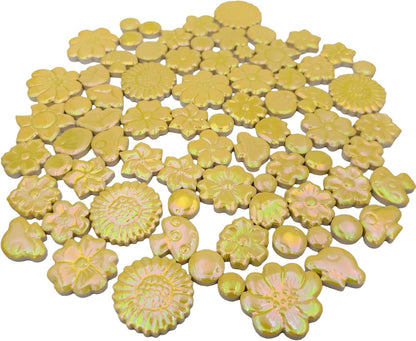 1.1LB Mixed Ceramic Mosaic Tiles, Floral Mushroom Berry Pieces, Mosaic Pieces for DIY Crafts, Flower Pots, Home Decor, 0.5-1.6 inch, 0.23 inch Thick (Iridescent Yellow)