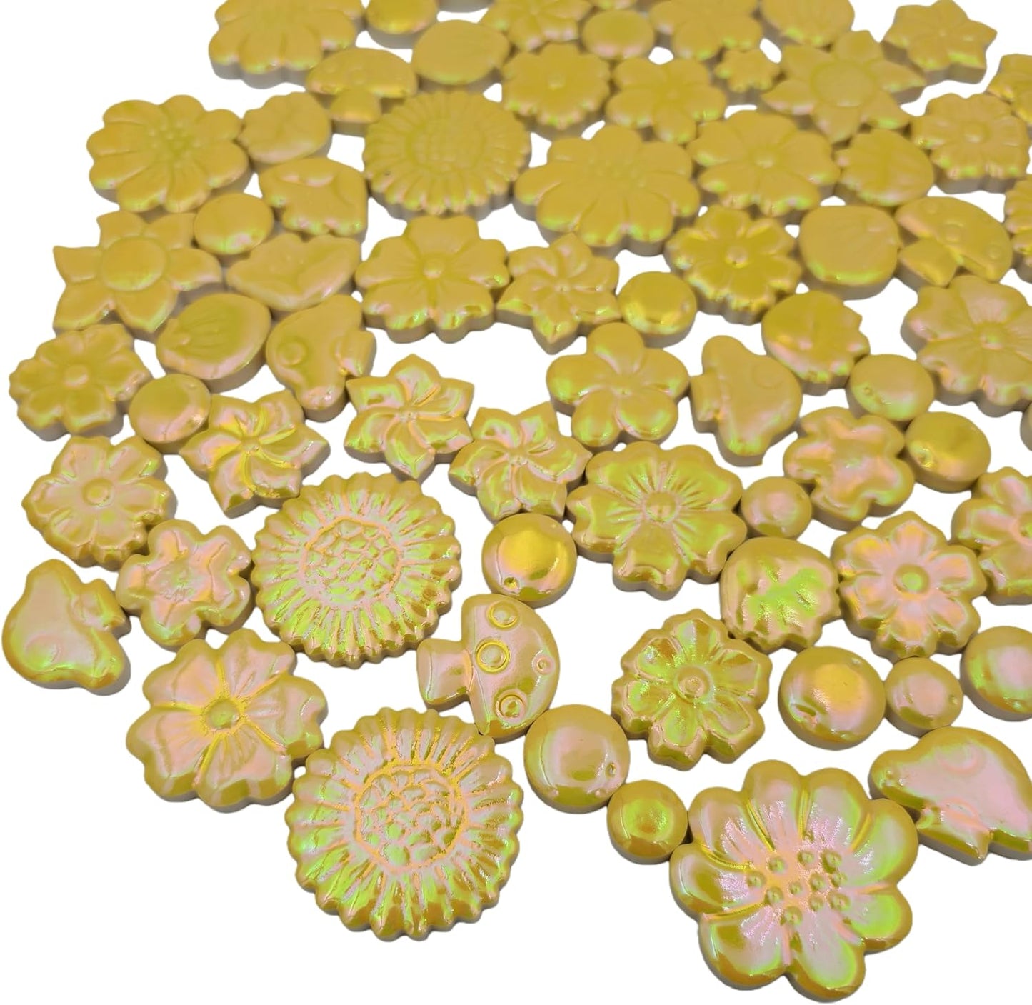 1.1LB Mixed Ceramic Mosaic Tiles, Floral Mushroom Berry Pieces, Mosaic Pieces for DIY Crafts, Flower Pots, Home Decor, 0.5-1.6 inch, 0.23 inch Thick (Iridescent Yellow)
