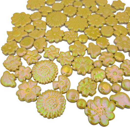 1.1LB Mixed Ceramic Mosaic Tiles, Floral Mushroom Berry Pieces, Mosaic Pieces for DIY Crafts, Flower Pots, Home Decor, 0.5-1.6 inch, 0.23 inch Thick (Iridescent Yellow)