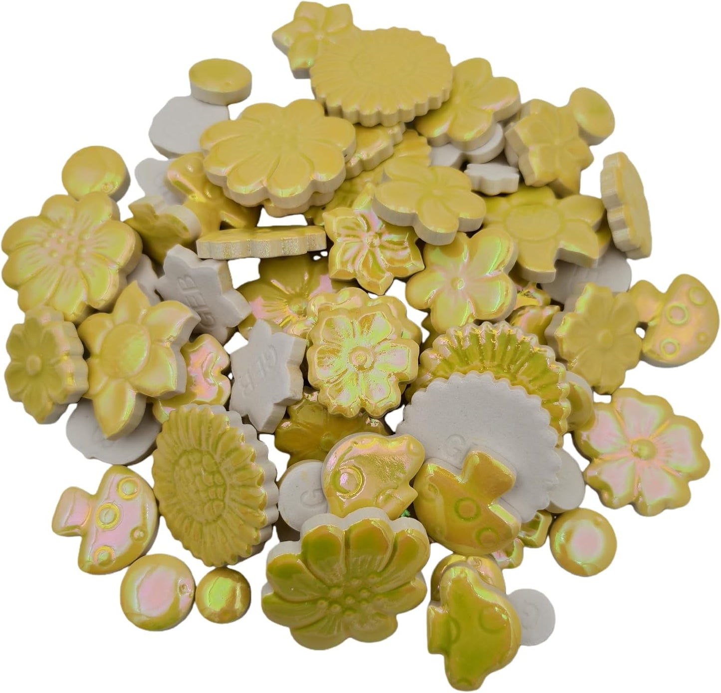 1.1LB Mixed Ceramic Mosaic Tiles, Floral Mushroom Berry Pieces, Mosaic Pieces for DIY Crafts, Flower Pots, Home Decor, 0.5-1.6 inch, 0.23 inch Thick (Iridescent Yellow)