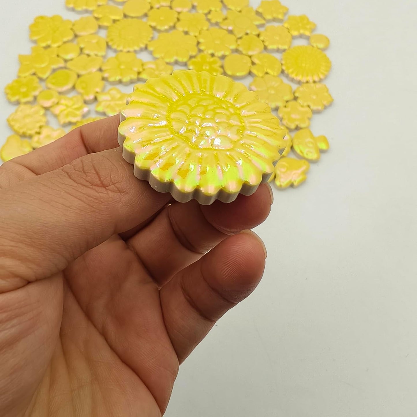 1.1LB Mixed Ceramic Mosaic Tiles, Floral Mushroom Berry Pieces, Mosaic Pieces for DIY Crafts, Flower Pots, Home Decor, 0.5-1.6 inch, 0.23 inch Thick (Iridescent Yellow)