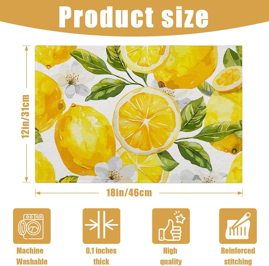 Watercolor Lemon White Flower Placemats Set of 6, Linen Place Mat Washable Stain Resistant Table Mats for Farmhouse Kitchen Dining Party Wedding Decor 12x18 Inch