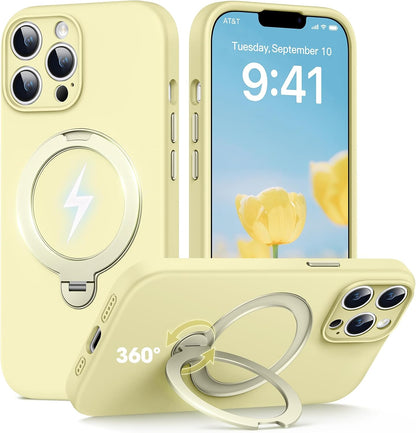 Silicone Case for iPhone 13 Pro Max Magnetic Ring Stand, Yellow | 360° Rotating Strong Holder, Military-Grade Shockproof Phone Case, Full Protection Hands-Free Video Calls Car Mount