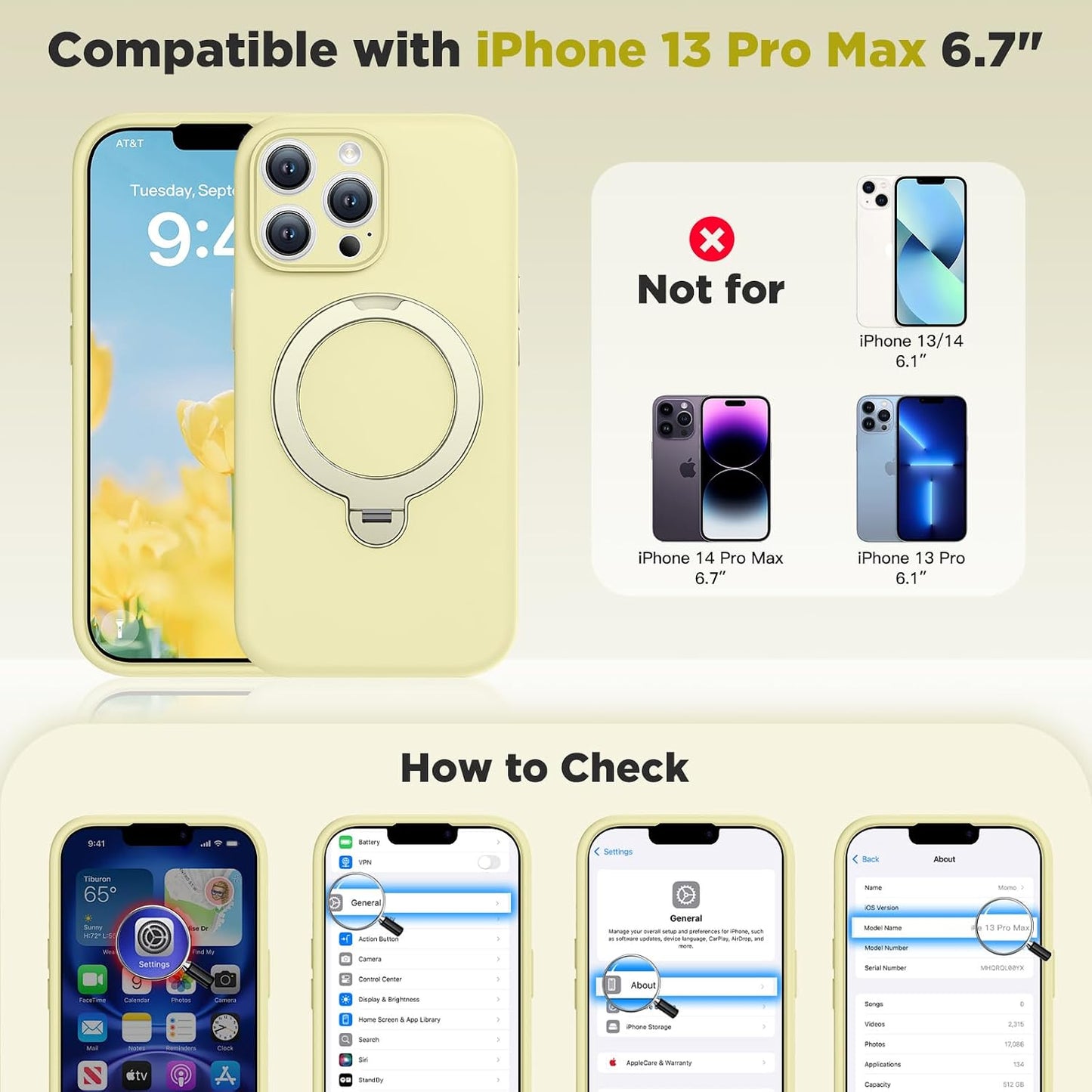 Silicone Case for iPhone 13 Pro Max Magnetic Ring Stand, Yellow | 360° Rotating Strong Holder, Military-Grade Shockproof Phone Case, Full Protection Hands-Free Video Calls Car Mount