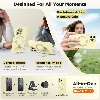 Silicone Case for iPhone 13 Pro Max Magnetic Ring Stand, Yellow | 360° Rotating Strong Holder, Military-Grade Shockproof Phone Case, Full Protection Hands-Free Video Calls Car Mount